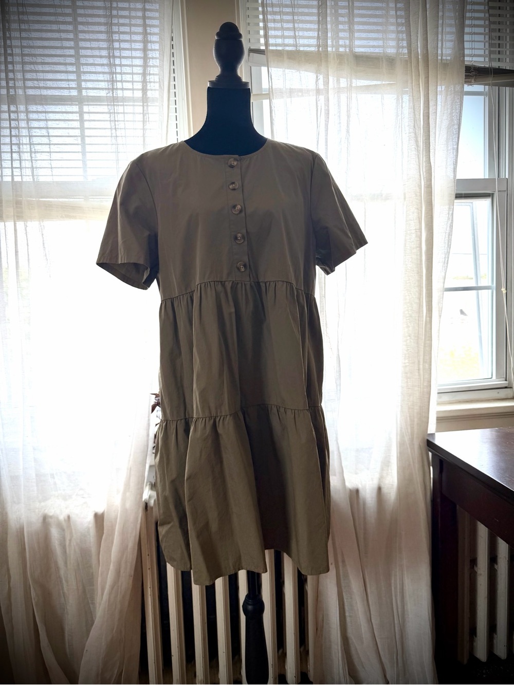 Madewell Olive Tiered Short-Sleeve Button-Front Mini Dress